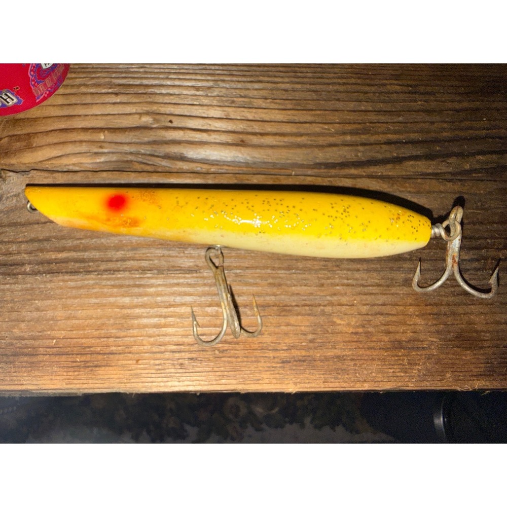 VTG Gibbs Wood Cigar Popper Fishing Lure Yellow‎ White Speckled 6in
